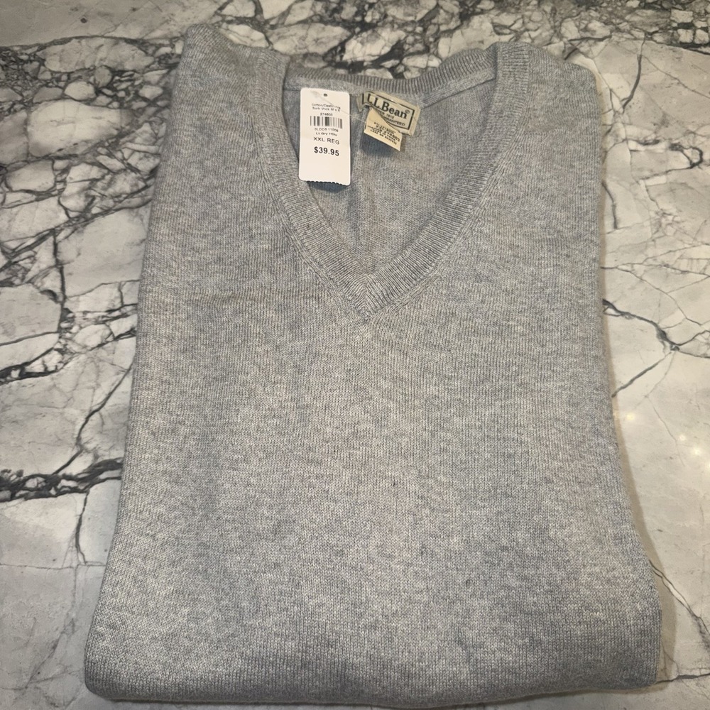 LL Bean Men's XXL Gray V Neck Sweater NEW 274603 Cotton Cashmere